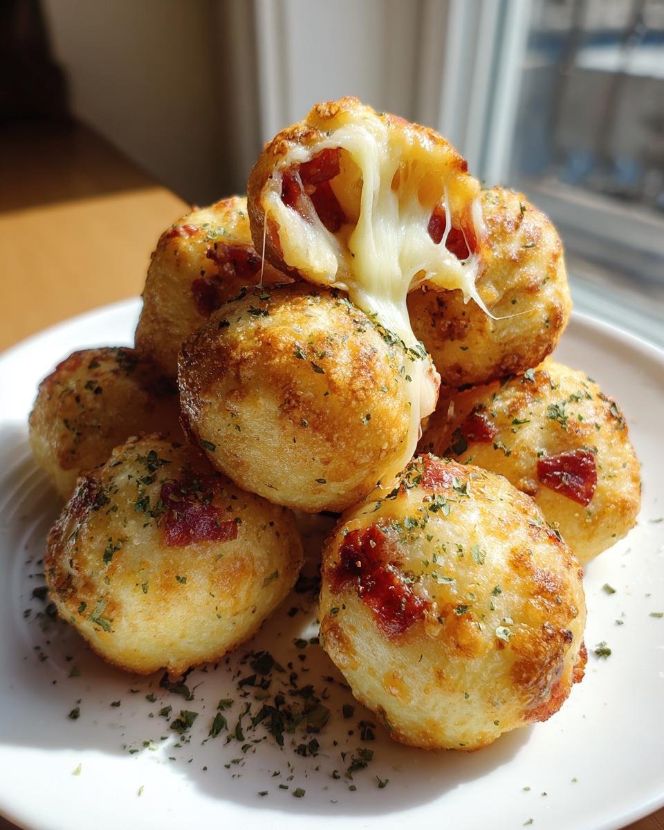 Stapel von goldbraunen Herzhaftes Fingerfood Pizza Bällchen, eines davon aufgerissen mit langgezogenem, geschmolzenem Käse.