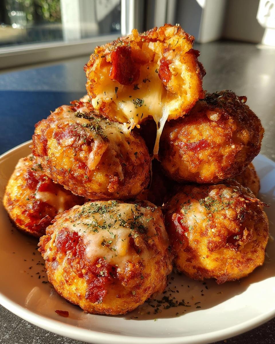 Stapel von goldbraunen Herzhaftes Fingerfood Pizza Bällchen, eines aufgerissen mit geschmolzenem Käse.