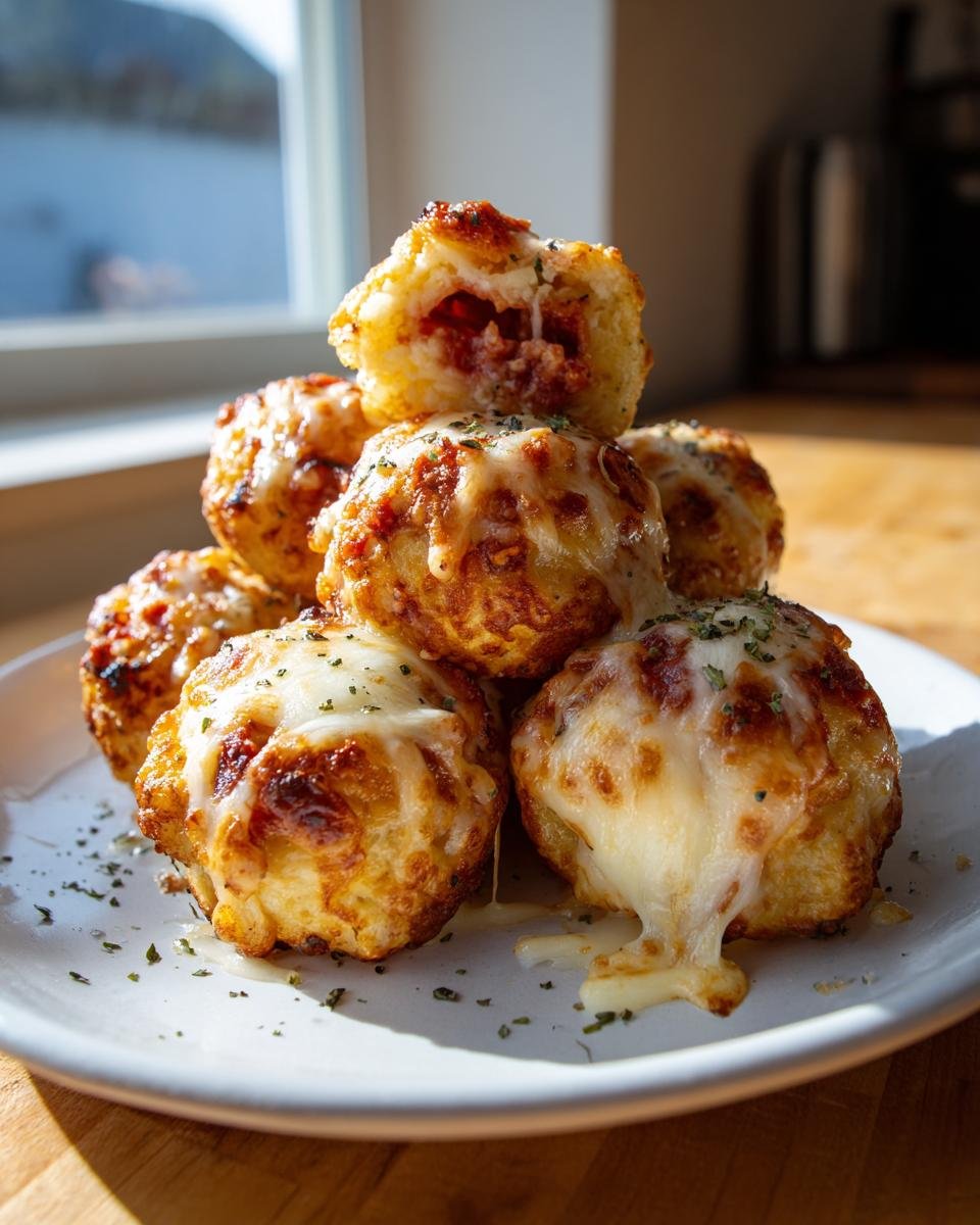 Stapel von gebackenen Herzhaftes Fingerfood Pizza Bällchen, bedeckt mit geschmolzenem Käse und Kräutern.