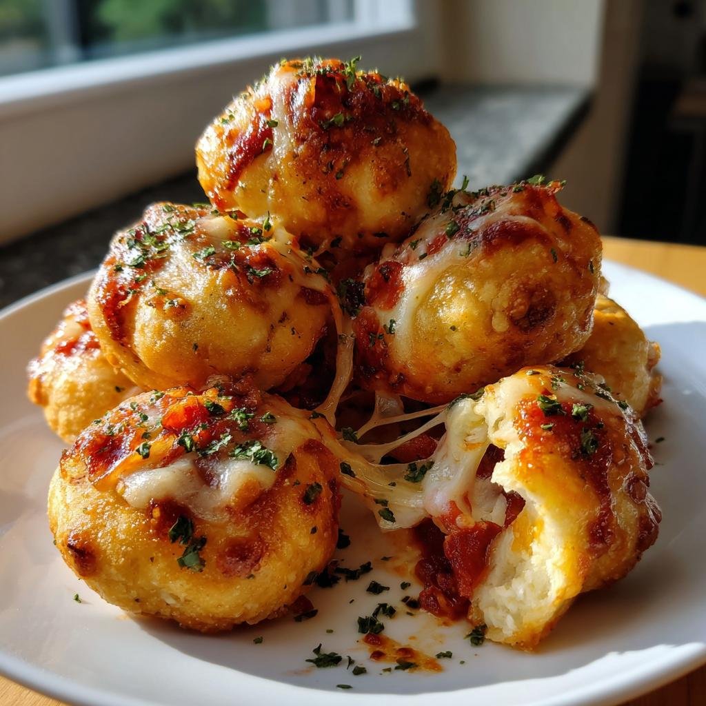 Stapel von goldbraunen Herzhaftes Fingerfood Pizza Bällchen, bedeckt mit geschmolzenem Käse und Petersilie.