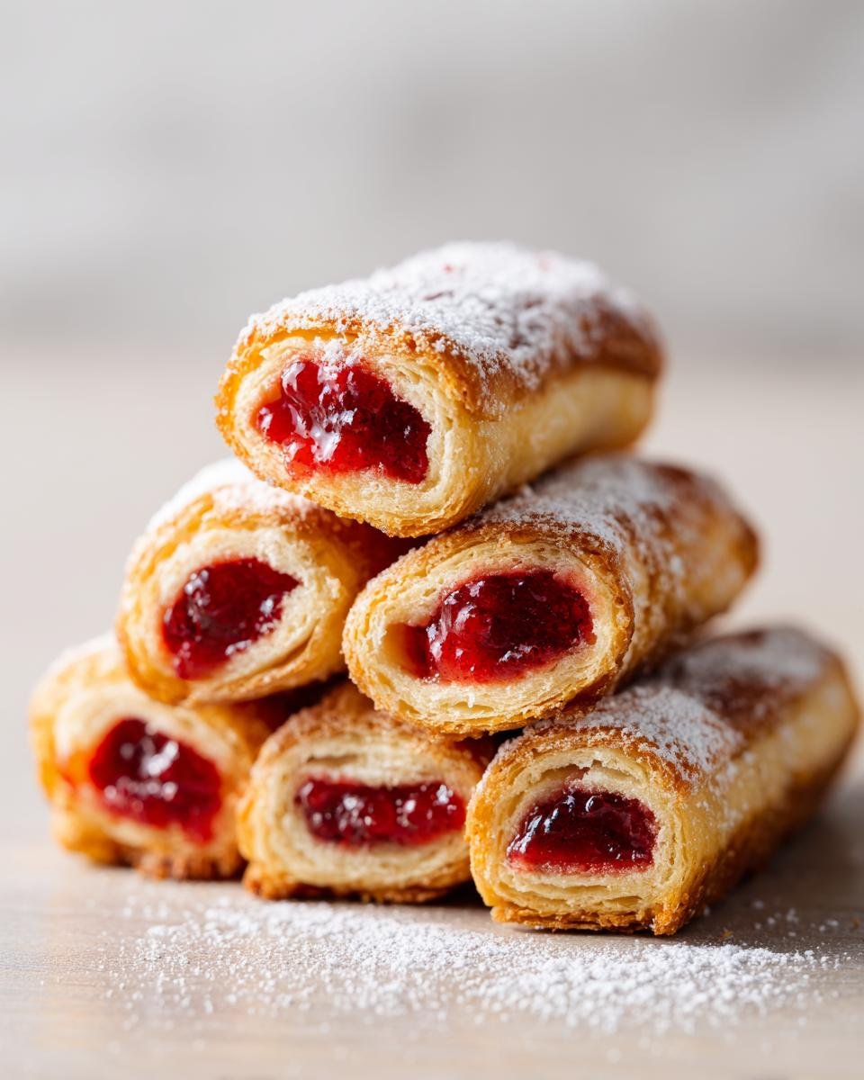 Stapel von Himbeer-Mürbteig-Röllchen, gefüllt mit leuchtend roter Himbeermarmelade und bestäubt mit Puderzucker.