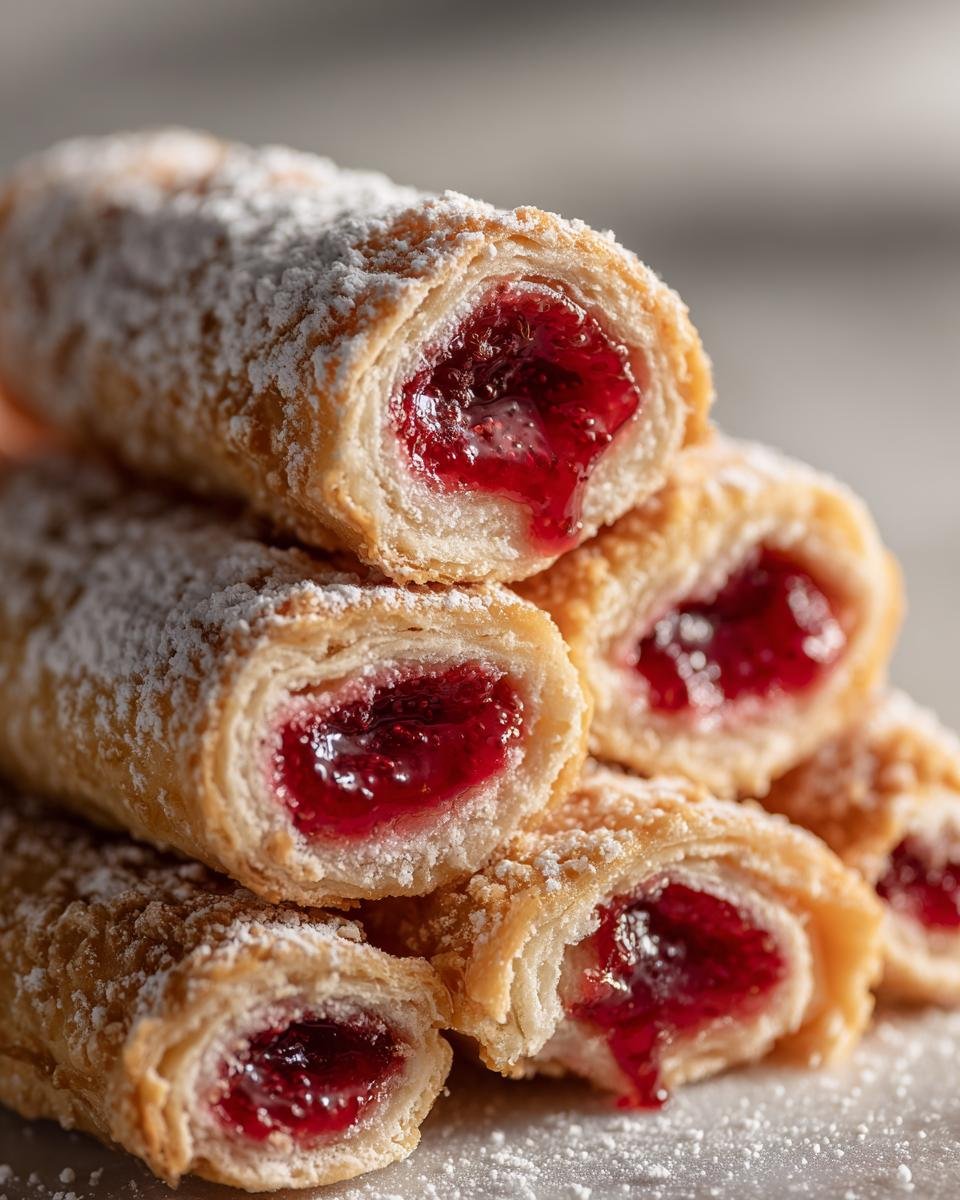 Nahaufnahme von gestapelten Himbeer-Mürbteig-Röllchen, gefüllt mit leuchtend roter Himbeermarmelade und bestäubt mit Puderzucker.