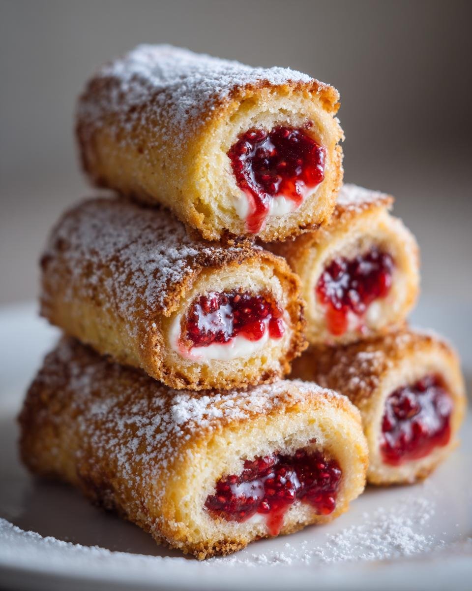 Stapel von Himbeer-Mürbteig-Röllchen, gefüllt mit Himbeermarmelade und Creme, bestäubt mit Puderzucker.