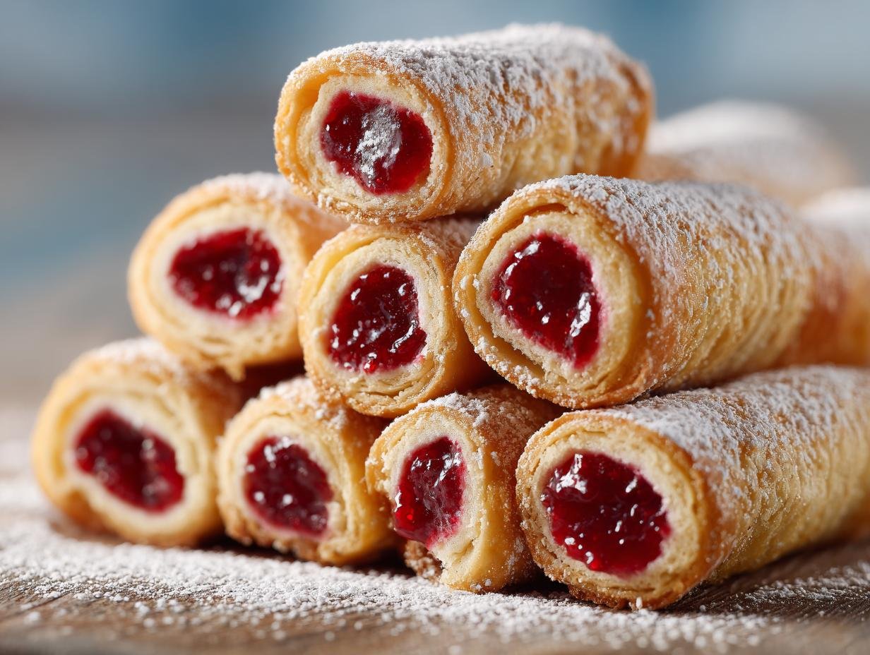 Nahaufnahme von gestapelten Himbeer-Mürbteig-Röllchen, gefüllt mit roter Himbeermarmelade und bestäubt mit Puderzucker.