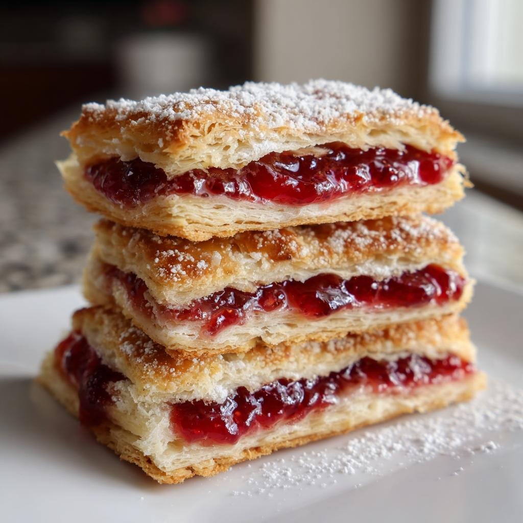 Drei gestapelte Stücke Himbeer-Mürbteig-Röllchen mit roter Himbeermarmelade und Puderzucker.