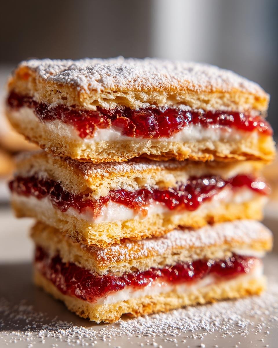 Drei gestapelte Stücke Himbeer-Mürbteig-Röllchen mit Himbeermarmelade, Creme und Puderzucker.