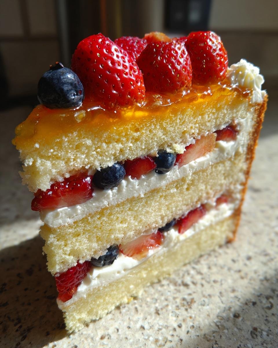 Nahaufnahme eines Stücks mehrschichtiger Hochzeitstorten mit Früchten, gefüllt mit Sahne, Erdbeeren und Blaubeeren.