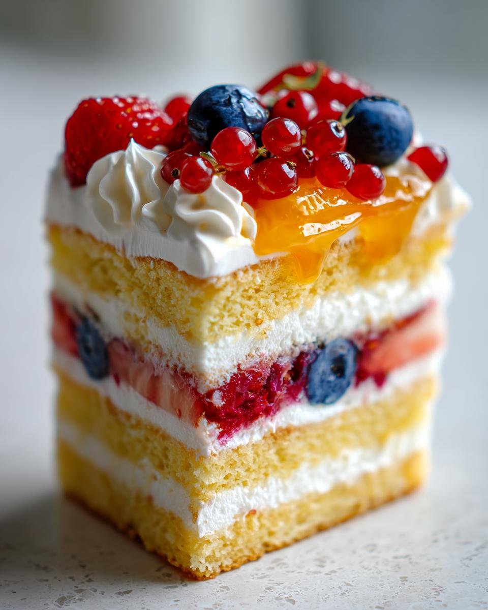 Nahaufnahme eines Stücks Hochzeitstorten mit Früchten, bestehend aus Biskuitböden, Sahne und Beeren wie Johannisbeeren und Blaubeeren.