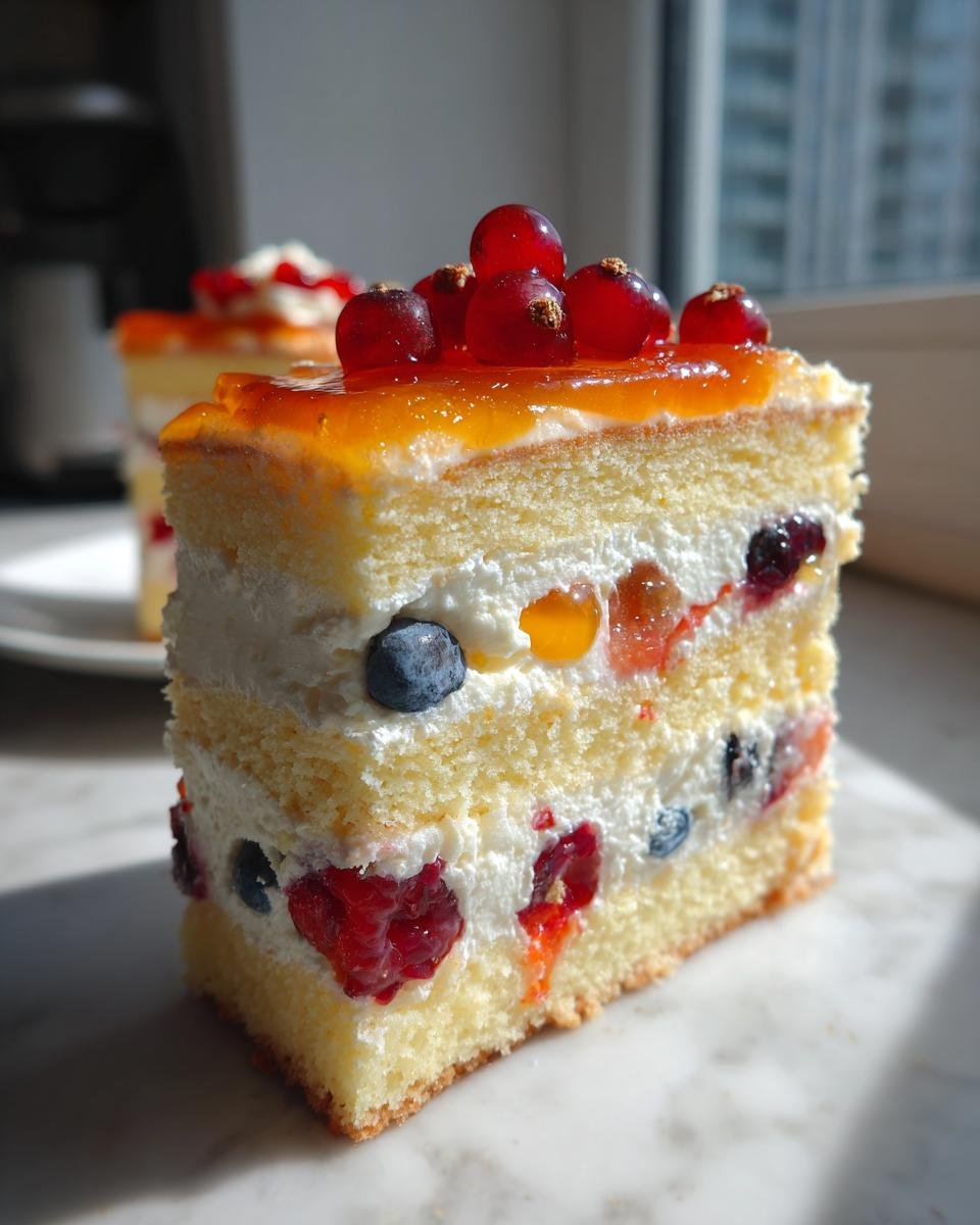 Nahaufnahme eines Stücks Hochzeitstorten mit Früchten, bestehend aus Biskuitböden, Sahne und Beeren wie Himbeeren und Johannisbeeren.