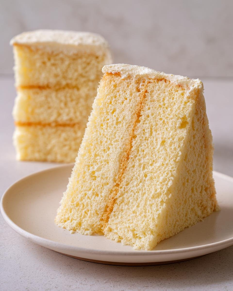 Ein hohes Stück eines dreilagigen Biskuitbodens zum zweifachen Teilen mit leichter Füllung auf einem Teller.