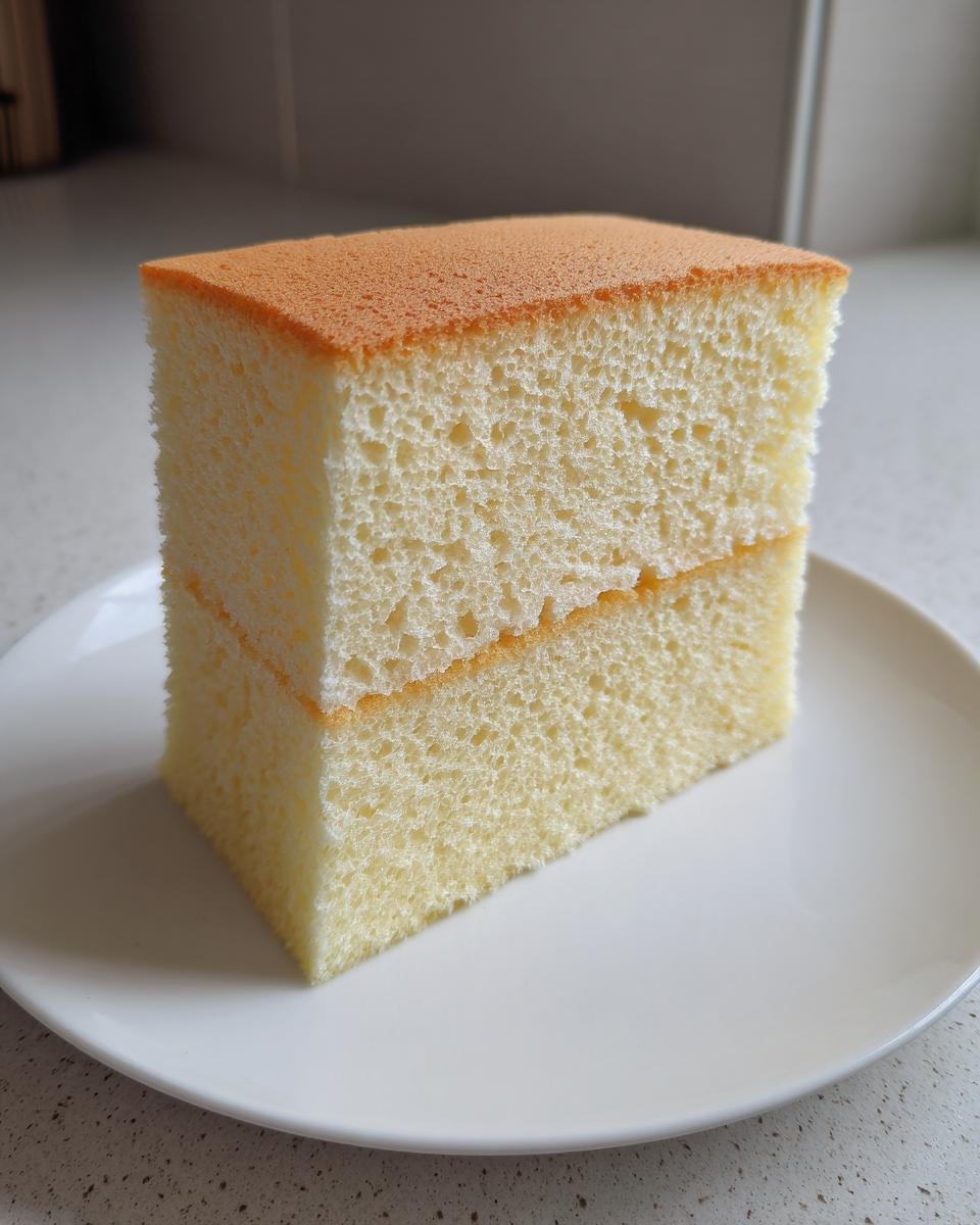 Ein dickes Stück Hoher Biskuitboden zum zweifachen Teilen, das perfekt in zwei gleichmäßige Schichten geschnitten ist.