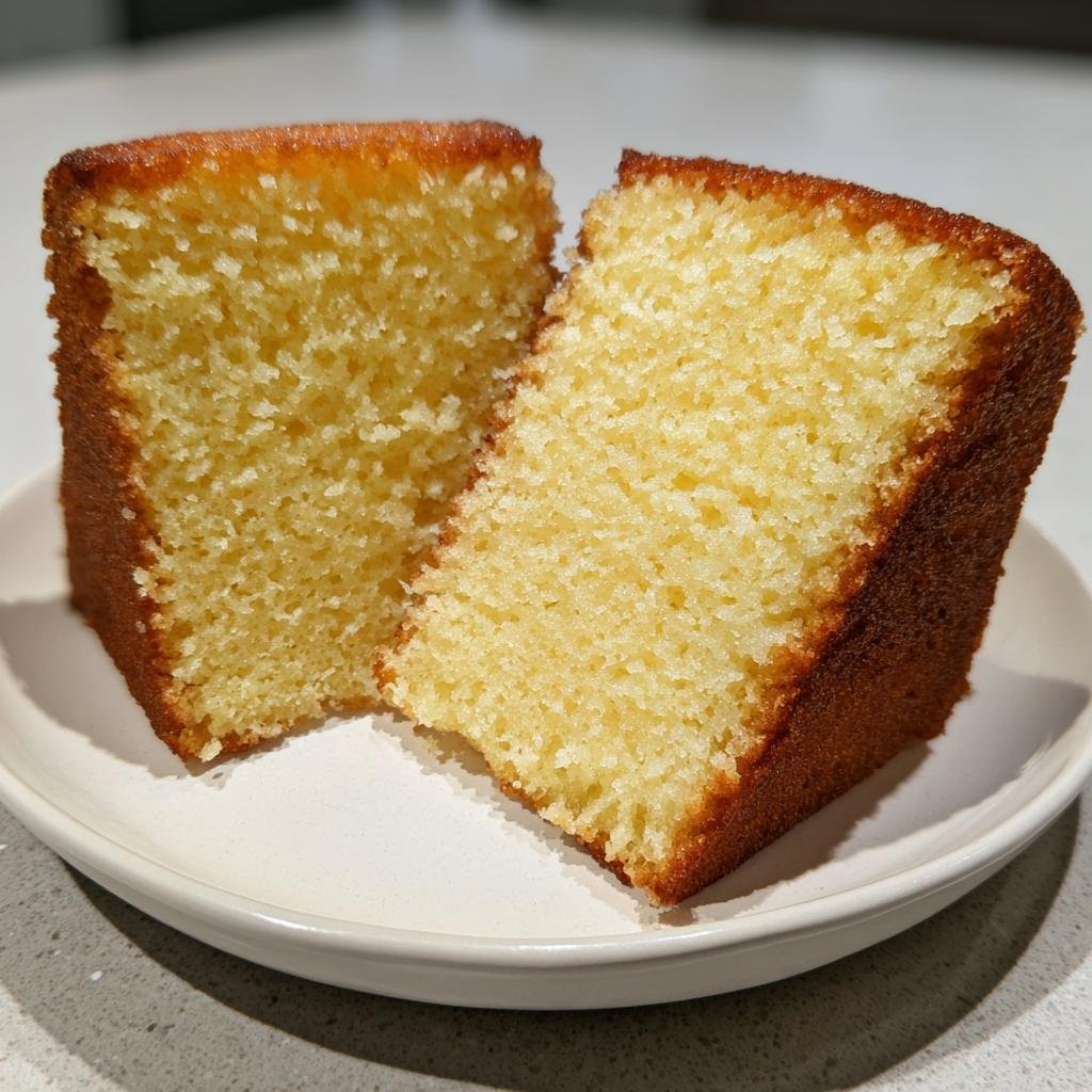 Zwei Stücke eines hohen Biskuitbodens, die die lockere, gelbe Krume und die goldbraune Ränder zeigen.