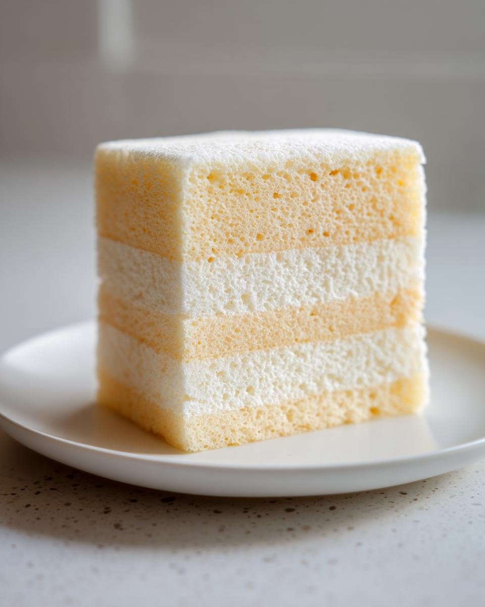 Ein perfekt geschnittenes Stück Hoher Biskuitboden zum zweifachen Teilen mit hellen und leicht gelblichen Schichten.
