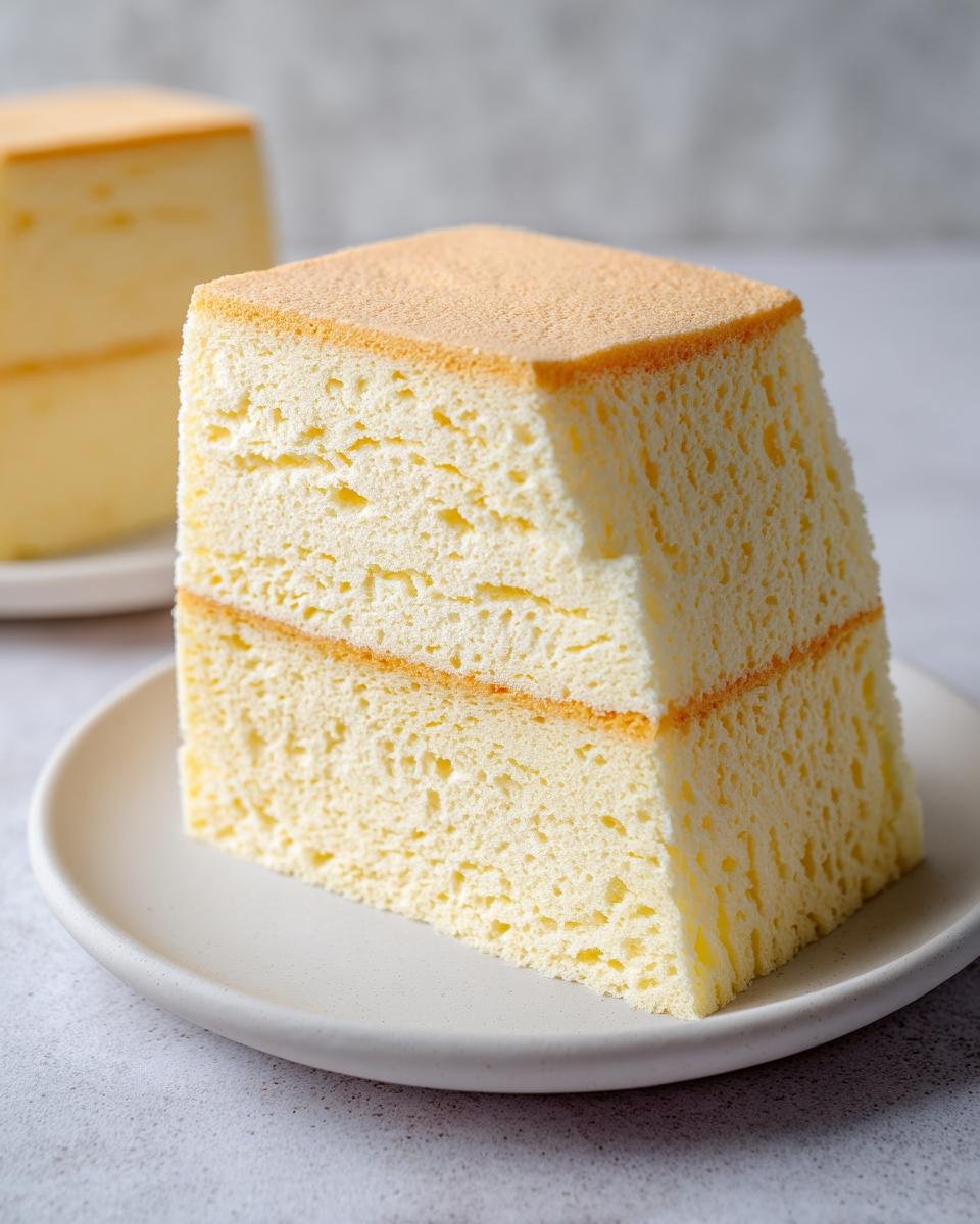 Ein hoher, luftiger Biskuitboden, zweifach geteilt, auf einem hellen Teller.