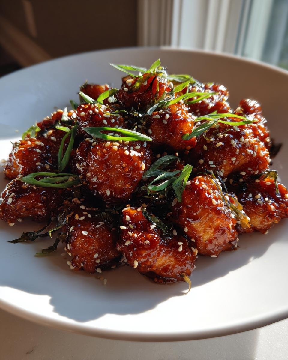 Glasiertes Honig Knoblauch Hähnchen mit Sesam und grünen Zwiebeln auf einem weißen Teller.