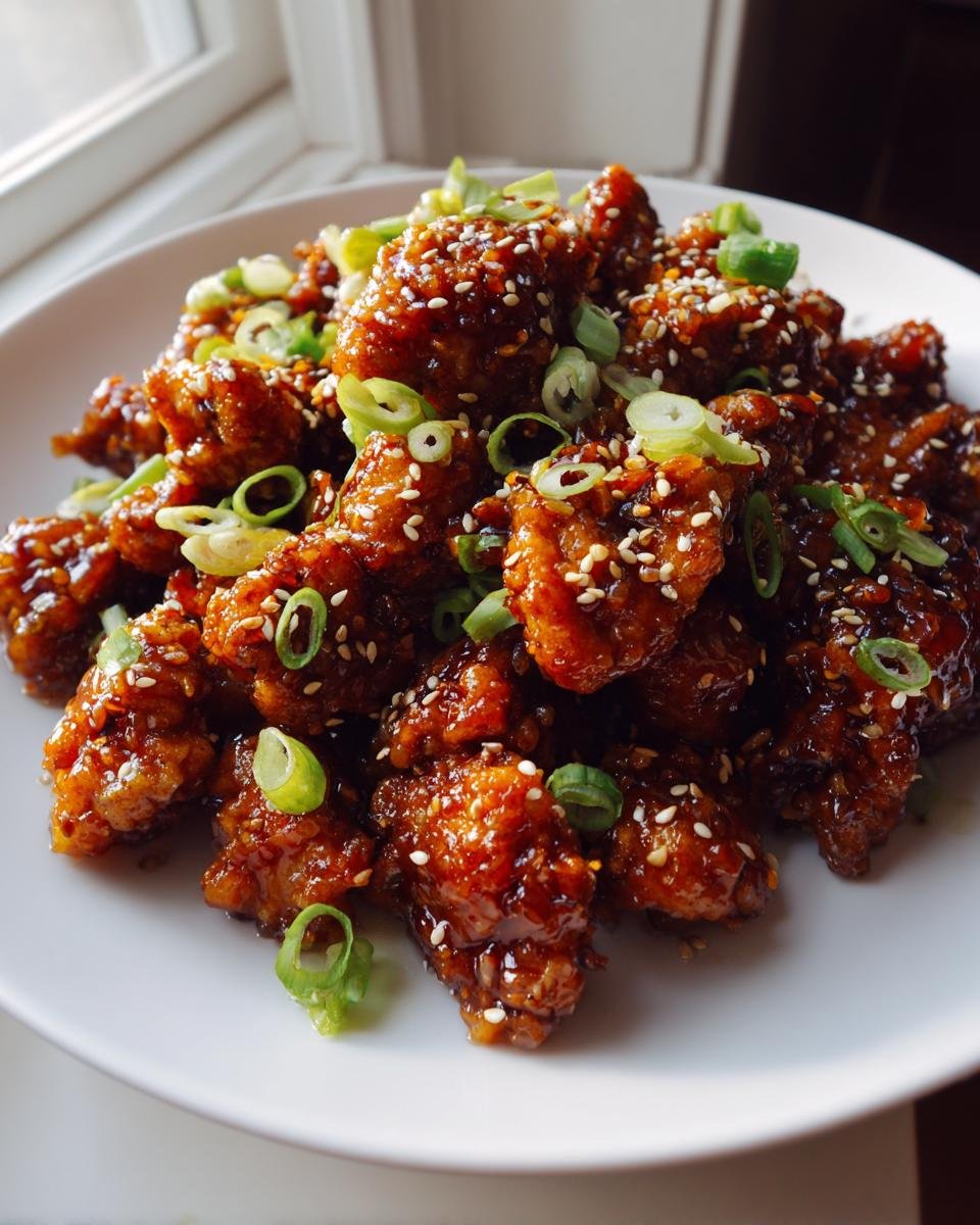 Ein Teller mit knusprigen Hähnchenstücken, glasiert in einer Honig-Knoblauch-Sauce, bestreut mit Sesam und Frühlingszwiebeln – Honig Knoblauch Hähnchen.