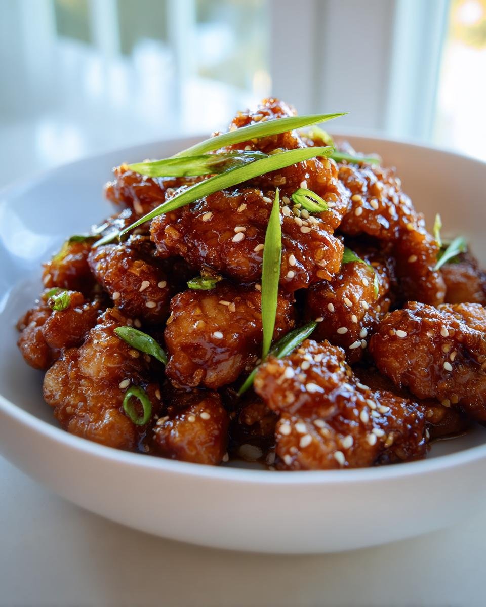 Knusprige Stücke Honig Knoblauch Hähnchen glasiert mit Sesam und garniert mit Frühlingszwiebeln.
