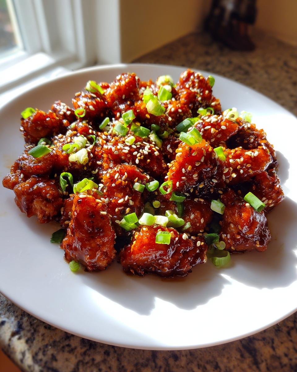 Glasiertes Honig Knoblauch Hähnchen mit Sesam und frischen Frühlingszwiebeln auf einem weißen Teller.