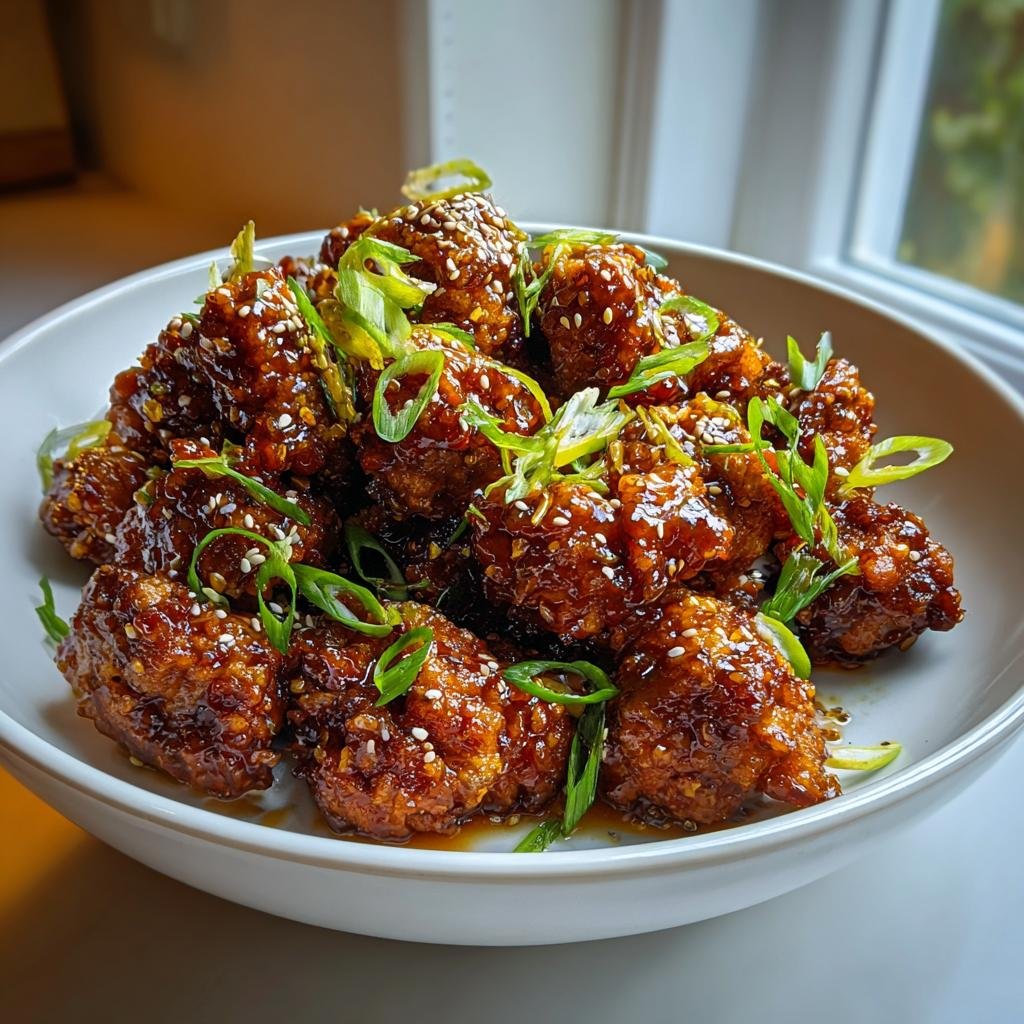 Eine Schüssel mit knusprigen Stücken Honig Knoblauch Hähnchen, glasiert und bestreut mit Sesam und Frühlingszwiebeln.