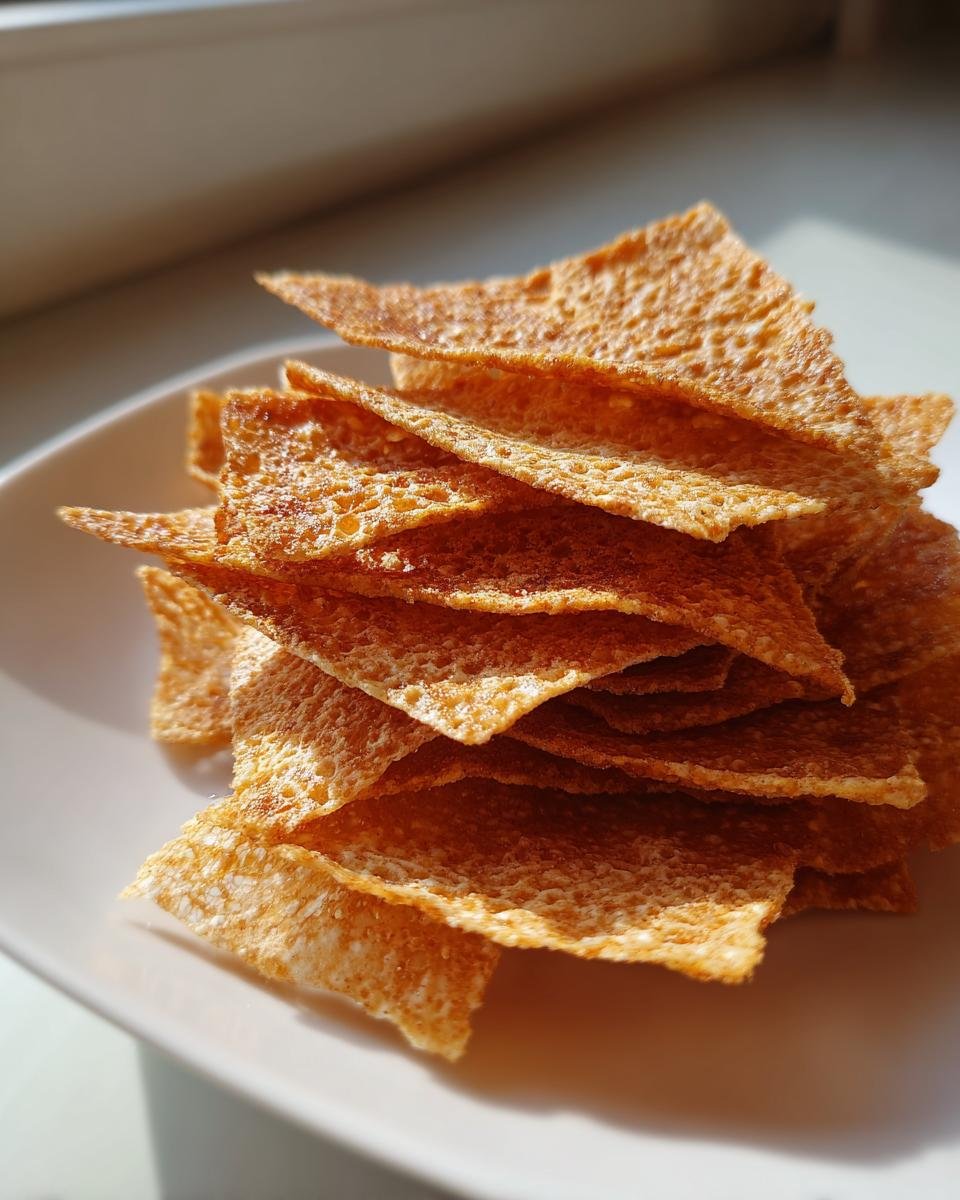 Stapel knuspriger, goldbrauner Hüttenkäse-Chips, die auf einem weißen Teller liegen.