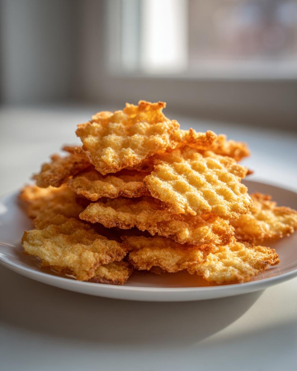 Stapel goldbrauner, knuspriger Hüttenkäse-Chips mit Waffelstruktur auf einem weißen Teller.