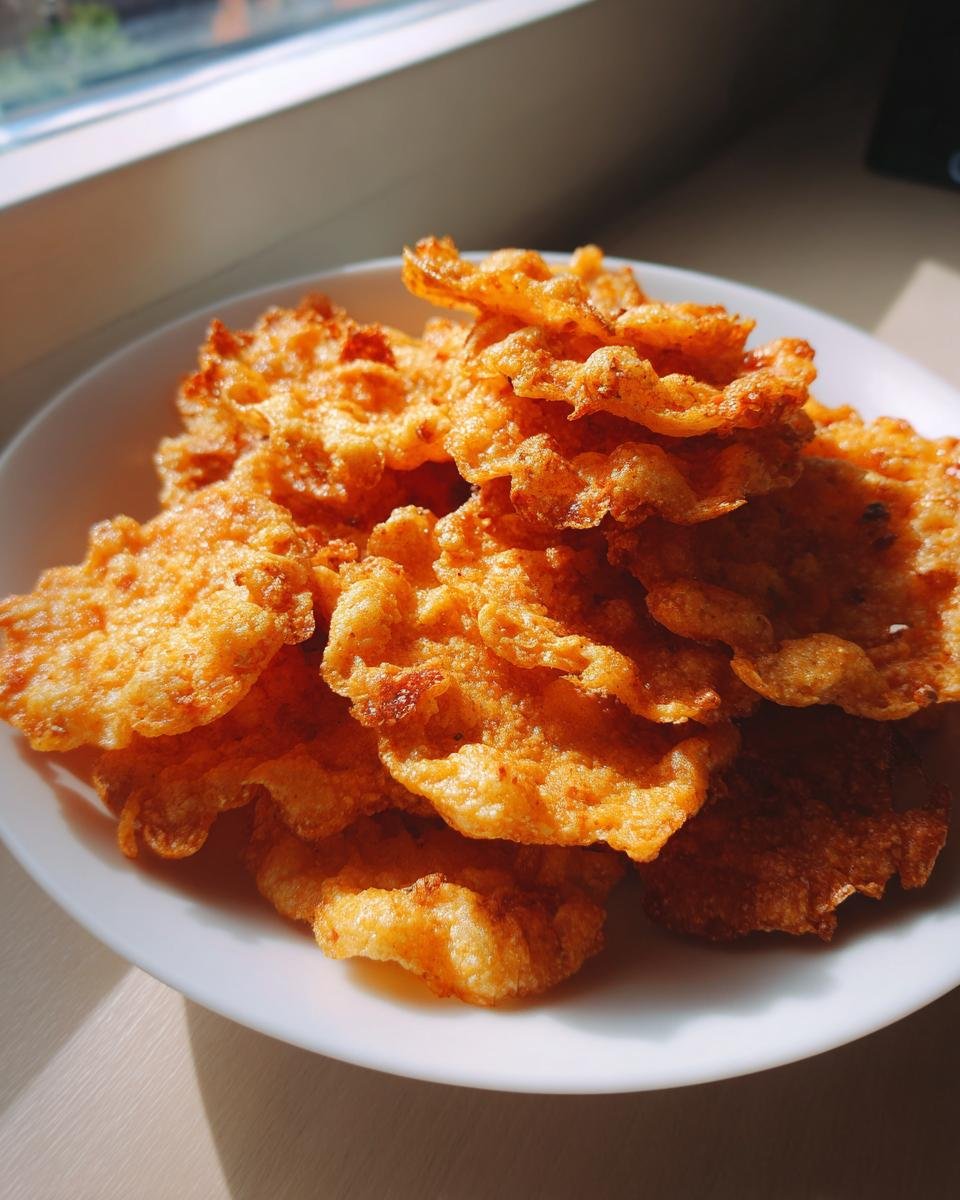 Ein Berg knuspriger, goldbrauner Hüttenkäse-Chips liegt auf einem weißen Teller, beleuchtet von Sonnenlicht.