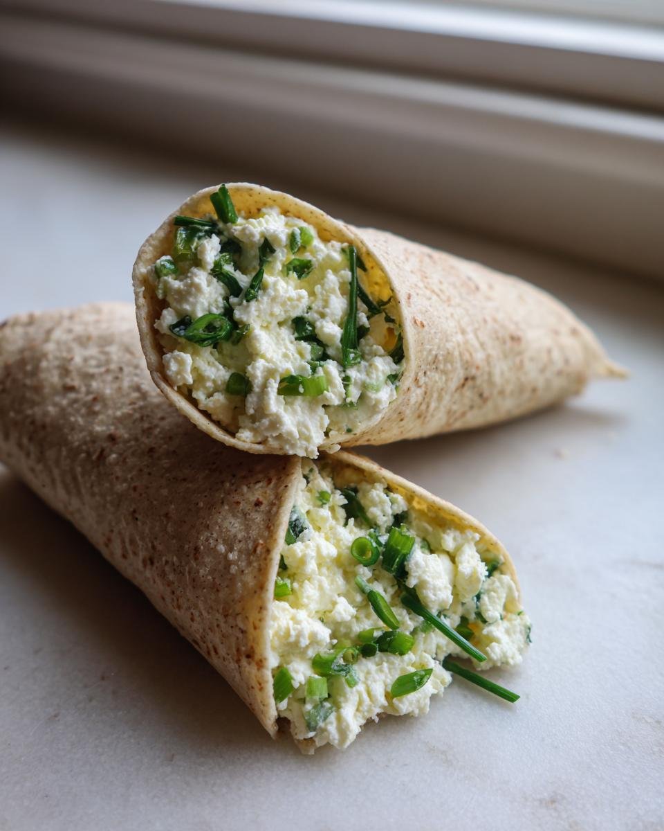 Zwei angeschnittene Hüttenkäse-Wraps gefüllt mit cremigem Hüttenkäse und frischem Schnittlauch.