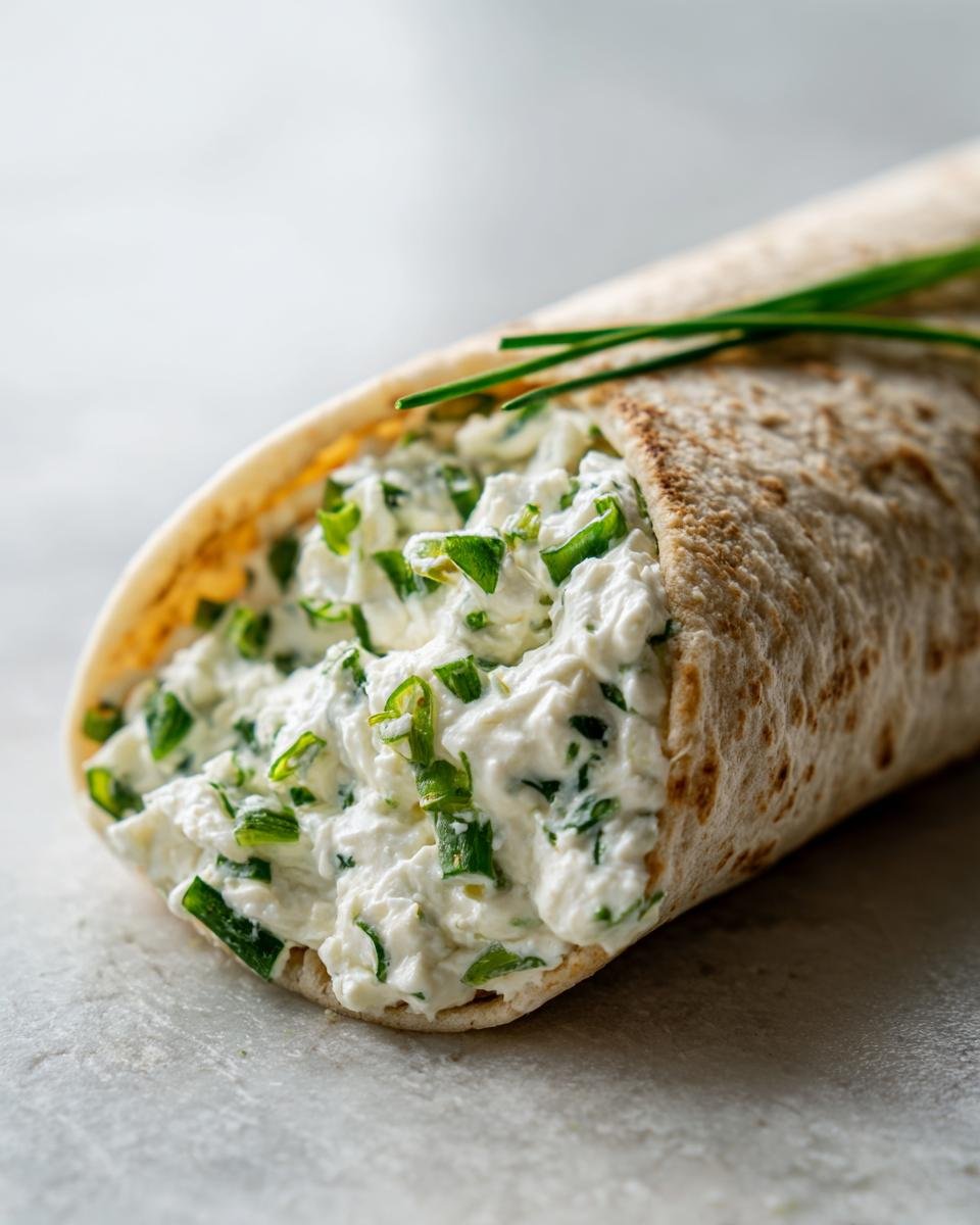 Nahaufnahme eines gerollten Wraps, gefüllt mit cremiger Hüttenkäse-Mischung und viel frischem Schnittlauch, ideal für Hüttenkäse-Wraps für jeden Anlass genießen.