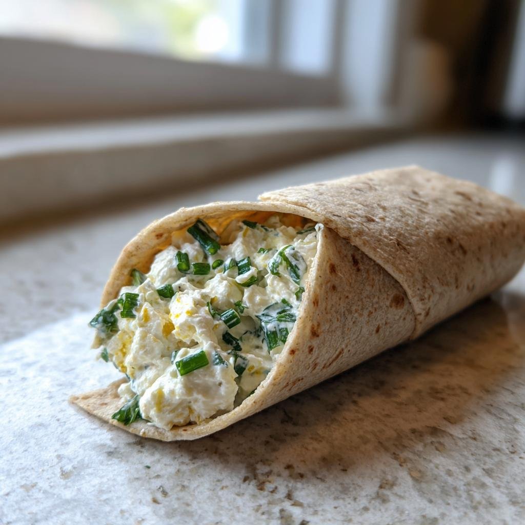 Ein fertig gerollter Vollkorn-Wrap, gefüllt mit cremiger Hüttenkäse-Mischung und viel frischem Schnittlauch.