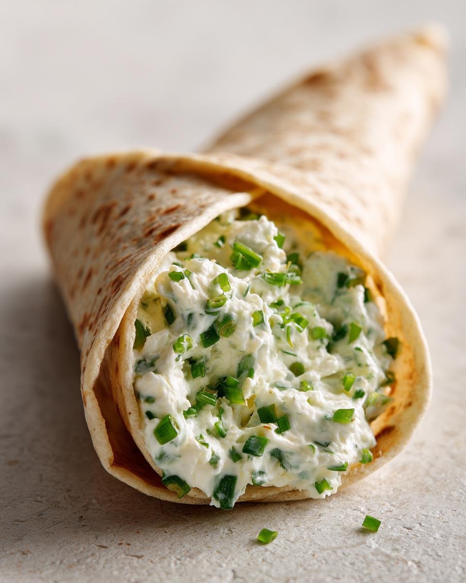 Nahaufnahme eines gefüllten Fladenbrots mit cremiger Hüttenkäse-Füllung und frischem Schnittlauch – Hüttenkäse-Wraps.