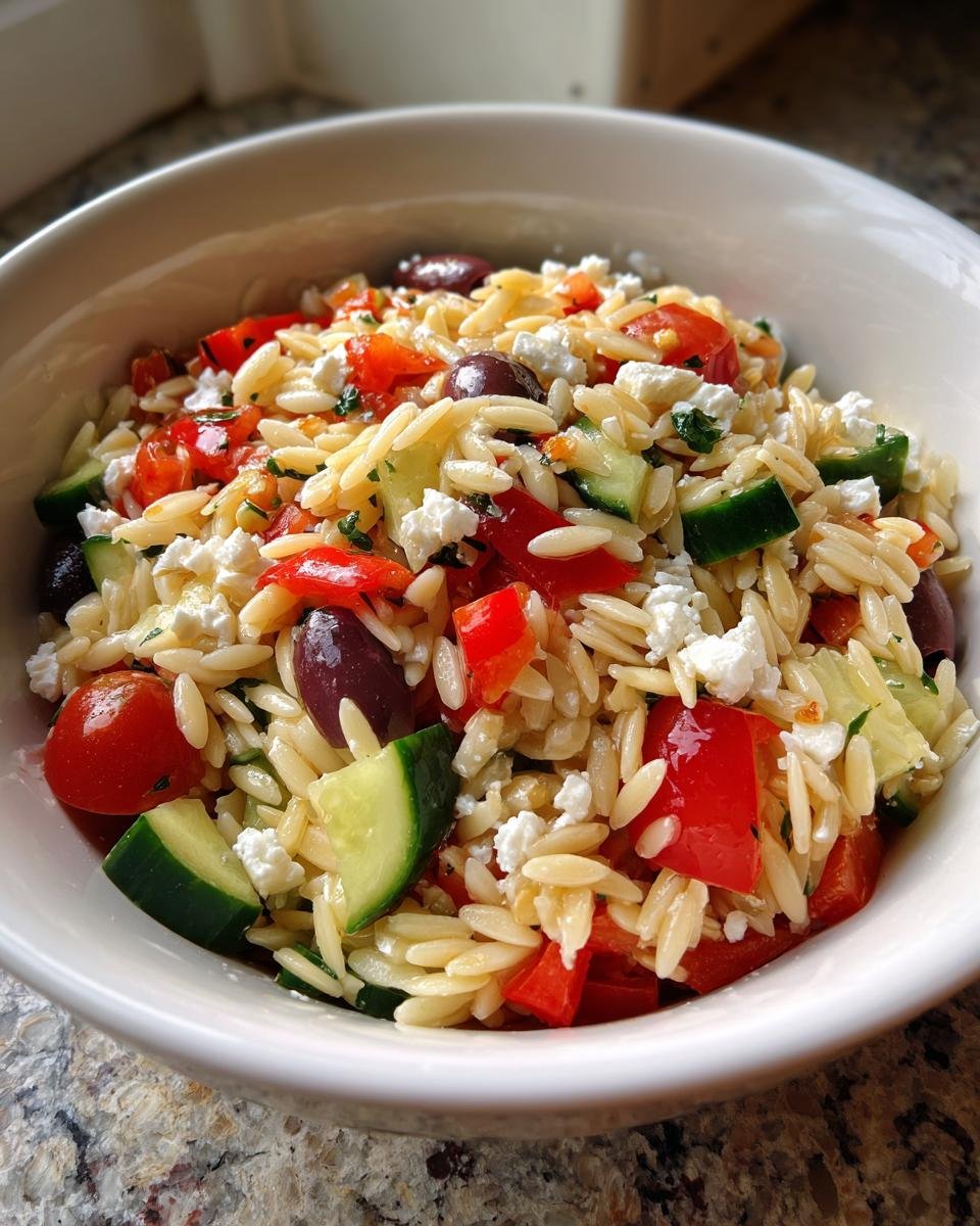 Nahaufnahme von Italienischer Orzo-Nudelsalat mit Orzo-Nudeln, Gurken, roten Paprika, Oliven und Feta.