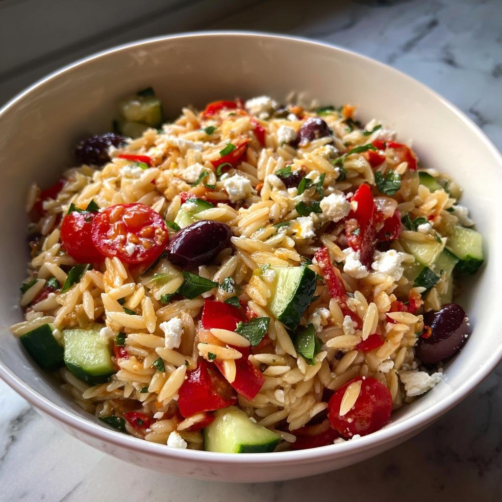 Nahaufnahme eines Italienischer Orzo-Nudelsalat mit Gurken, Tomaten, Oliven und Feta in einer weißen Schüssel.