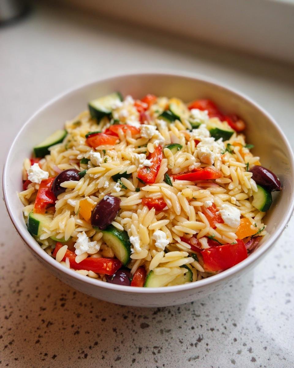Nahaufnahme eines Italienischer Orzo-Nudelsalat mit Gurken, Paprika, Oliven und Feta in einer weißen Schüssel.