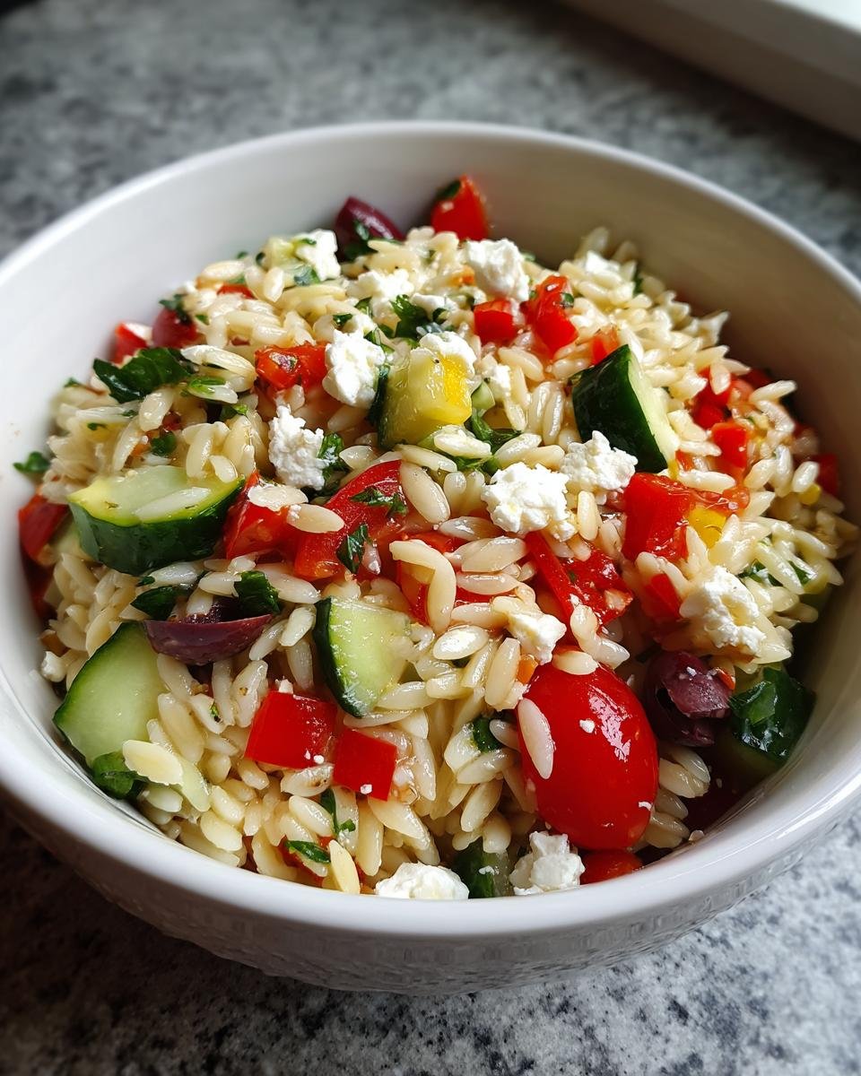 Nahaufnahme von Italienischer Orzo-Nudelsalat mit Gurken, Tomaten, Paprika und Feta in einer weißen Schüssel.