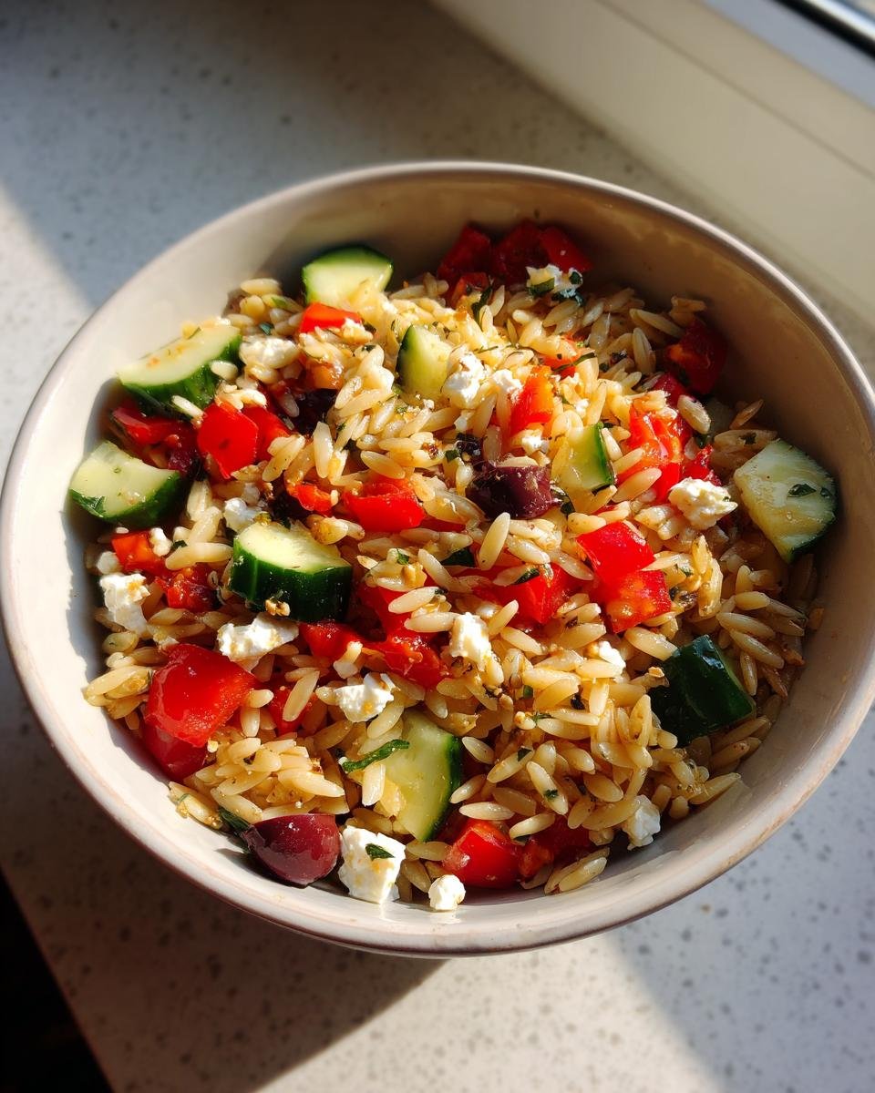 Nahaufnahme von Italienischer Orzo-Nudelsalat mit Orzo-Nudeln, Gurken, Tomaten, Oliven und Feta in einer Schüssel.