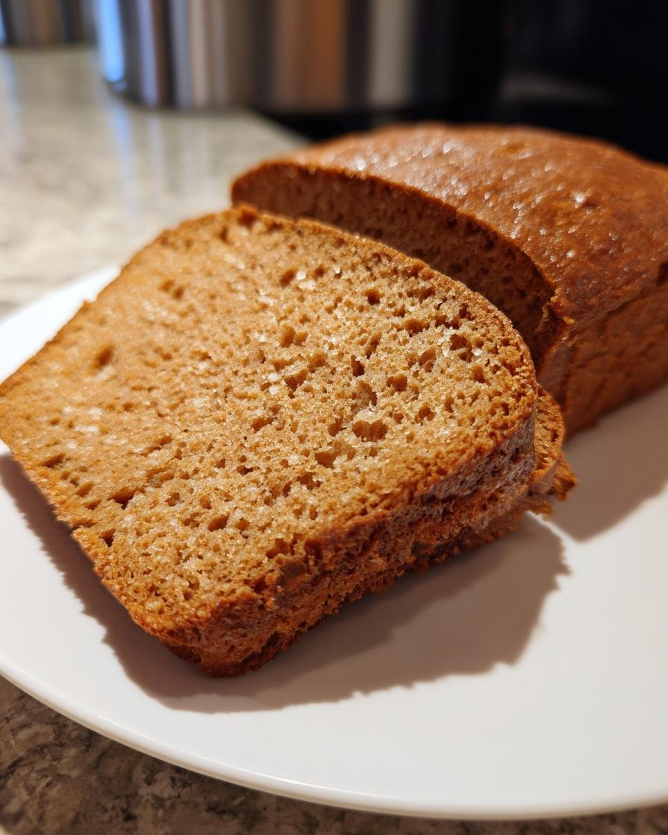 Zwei Scheiben des fertigen Joghurtbrot ohne Kohlenhydrate auf einem weißen Teller, Nahaufnahme der Krume.