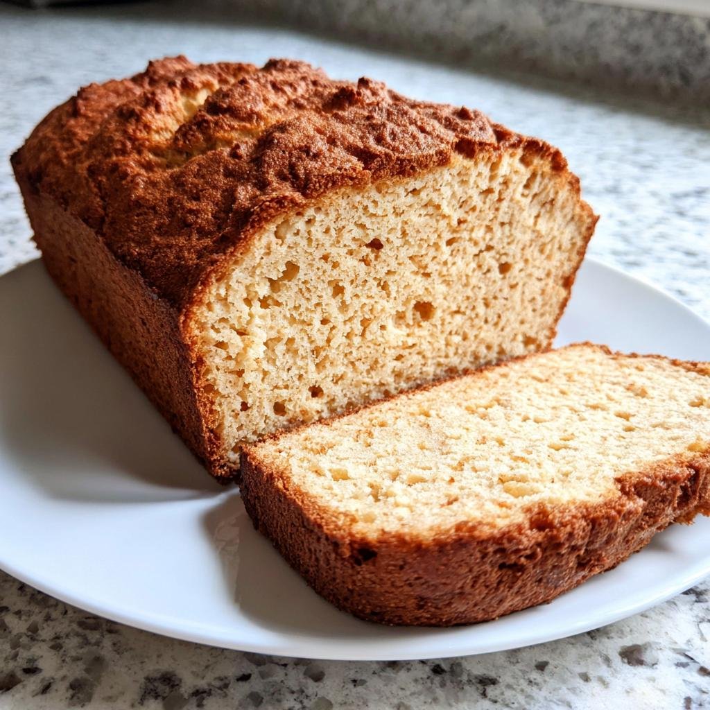 Ein Laib Joghurtbrot ohne Kohlenhydrate, angeschnitten und auf einem weißen Teller liegend.