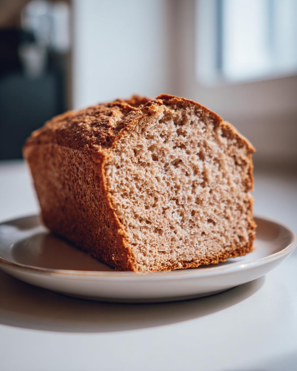 Ein Laib Joghurtbrot ohne Kohlenhydrate, angeschnitten, liegt auf einem kleinen Teller.