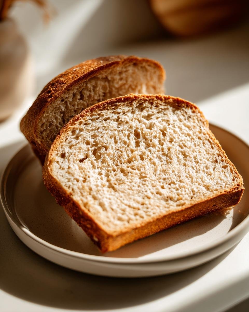 Zwei Scheiben des fertigen Joghurtbrot ohne Kohlenhydrate, appetitlich auf einem hellen Teller angerichtet.