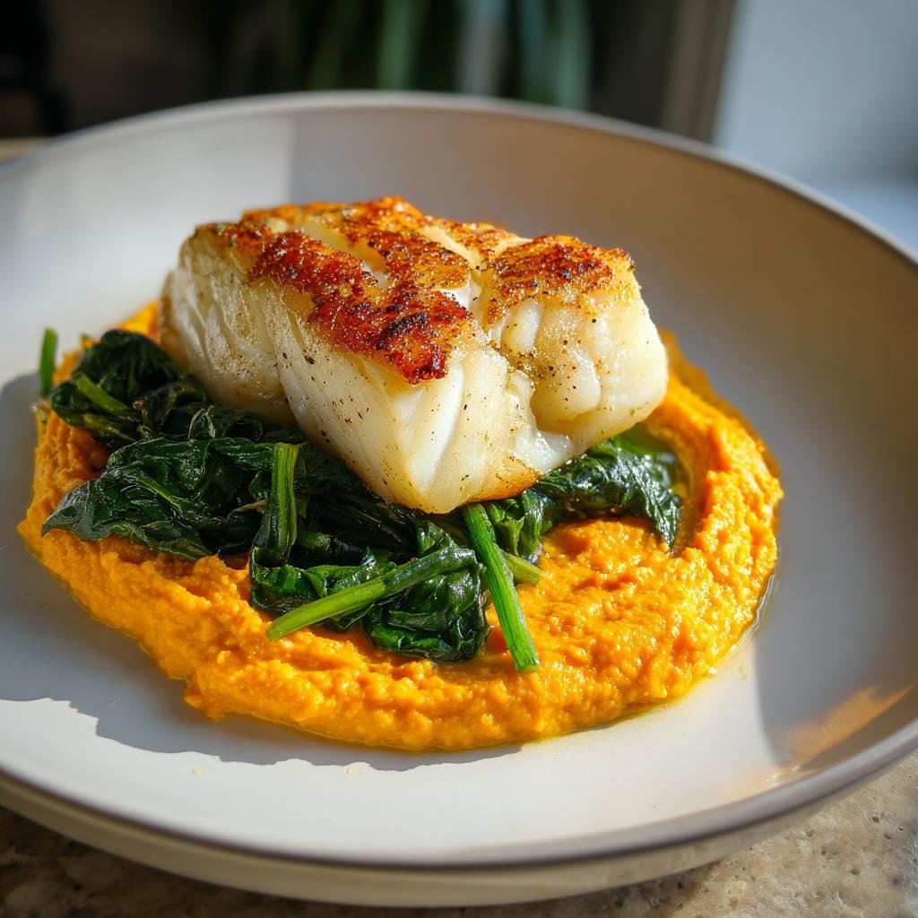 Gebratenes Stück Kabeljau auf einem Bett aus grünem Spinat und leuchtend orangefarbenem Möhren-Hummus.