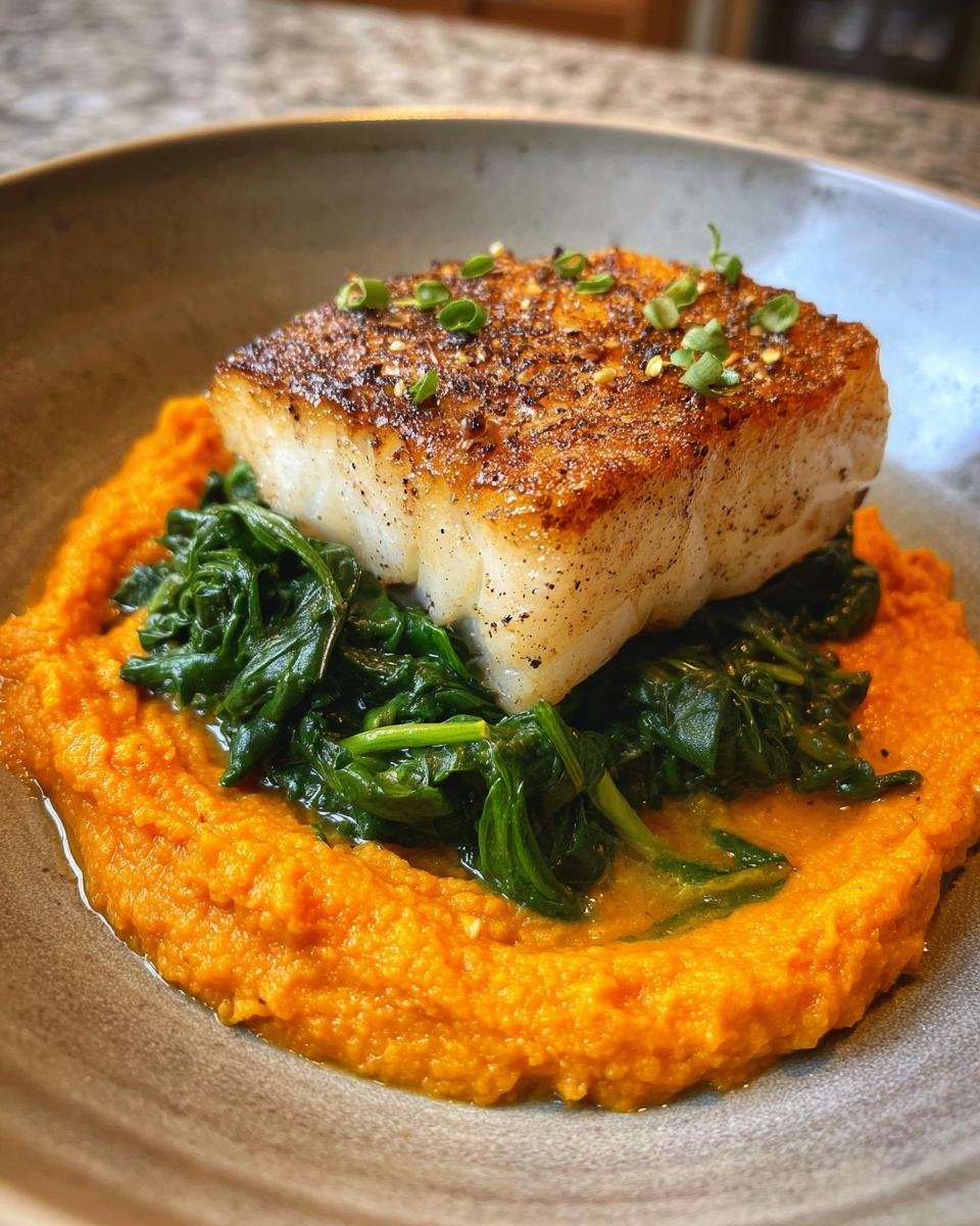 Gebratener Kabeljau auf einem Bett aus grünem Spinat und leuchtend orangefarbenem Möhren-Hummus.