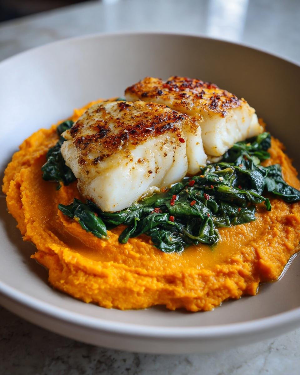 Gebratene Kabeljaufilets auf einem Bett aus orangefarbenem Möhren-Hummus und sautiertem Spinat.