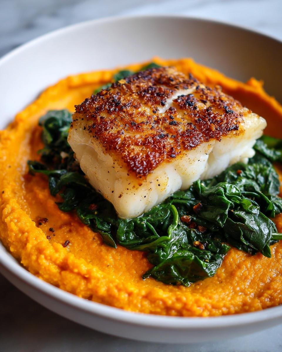 Gebratenes Stück Kabeljau auf Spinat und leuchtend orangefarbenem Möhren-Hummus.