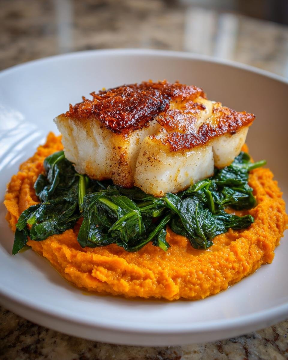 Gebratenes Stück Kabeljau auf Spinat und Möhren-Hummus in einer weißen Schüssel.