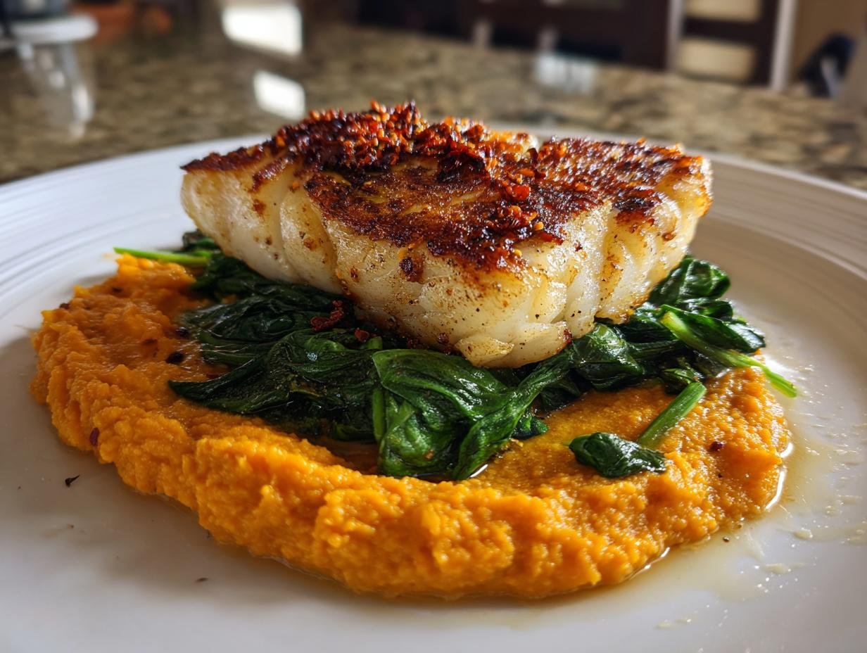 Gebratenes Stück Kabeljau auf einem Bett aus grünem Spinat und leuchtend orangefarbenem Möhren-Hummus.