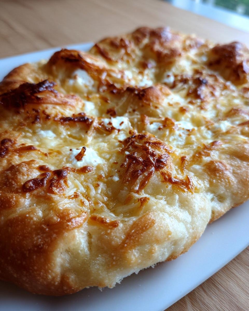 Nahaufnahme eines fluffigen Langos mit geschmolzenem und leicht gebräuntem Käse, zubereitet in der HEISSLUFTFRITTEUSE.