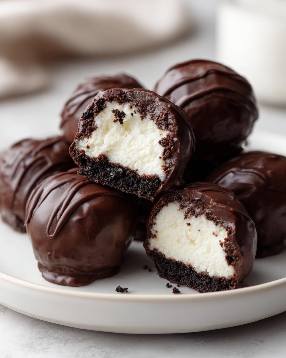 Nahaufnahme von angeschnittenen Käsekuchen Kugeln mit dunkler Schokoladenglasur und cremiger Füllung.