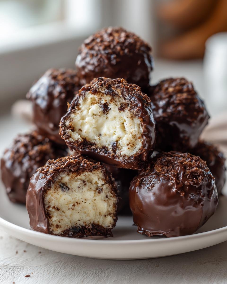 Stapel von schokoladenüberzogenen Käsekuchen Kugeln, eine davon aufgeschnitten zeigt die cremige Füllung.