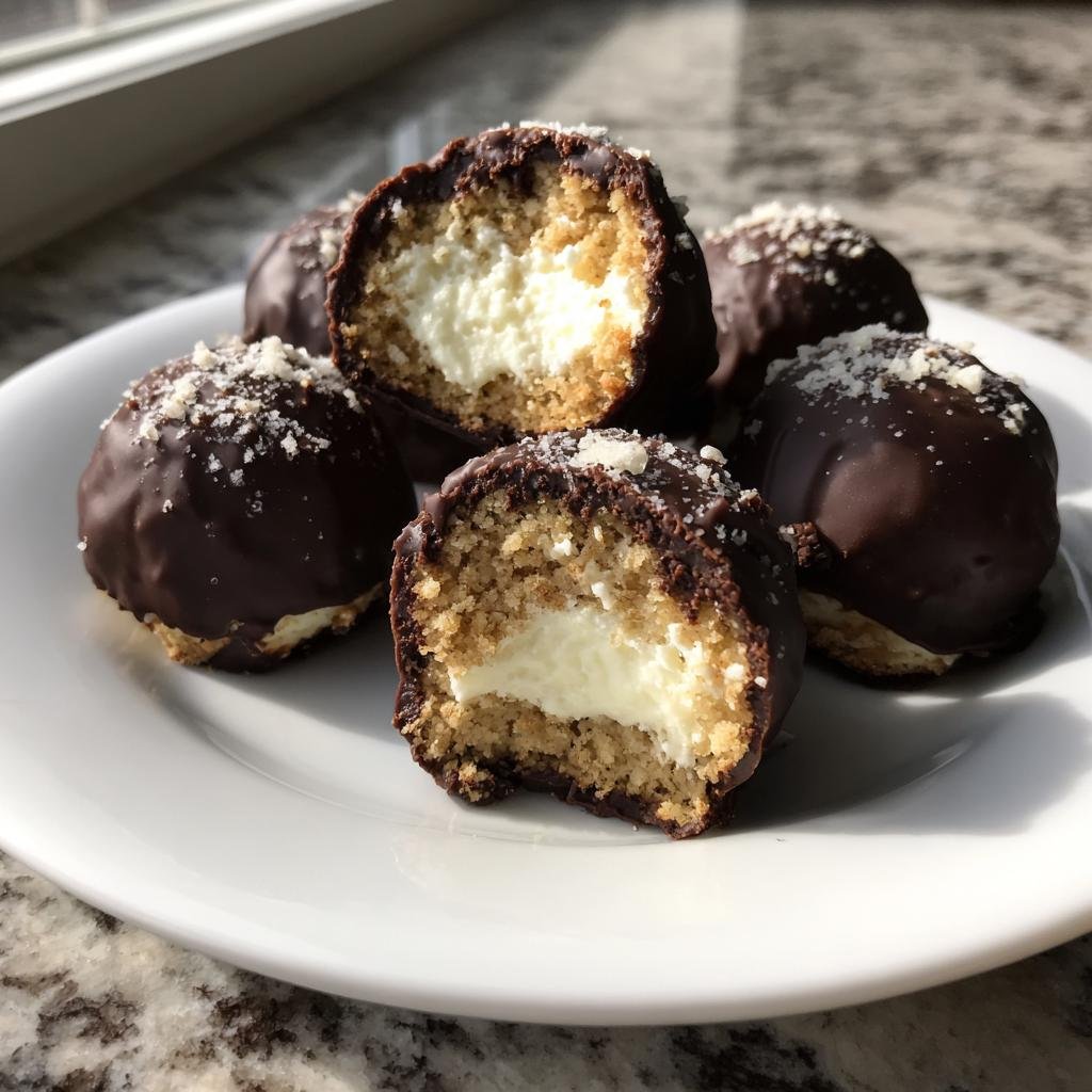 Nahaufnahme von mehreren Käsekuchen Kugeln mit dunkler Schokoladenglasur und weißer Creme-Füllung.
