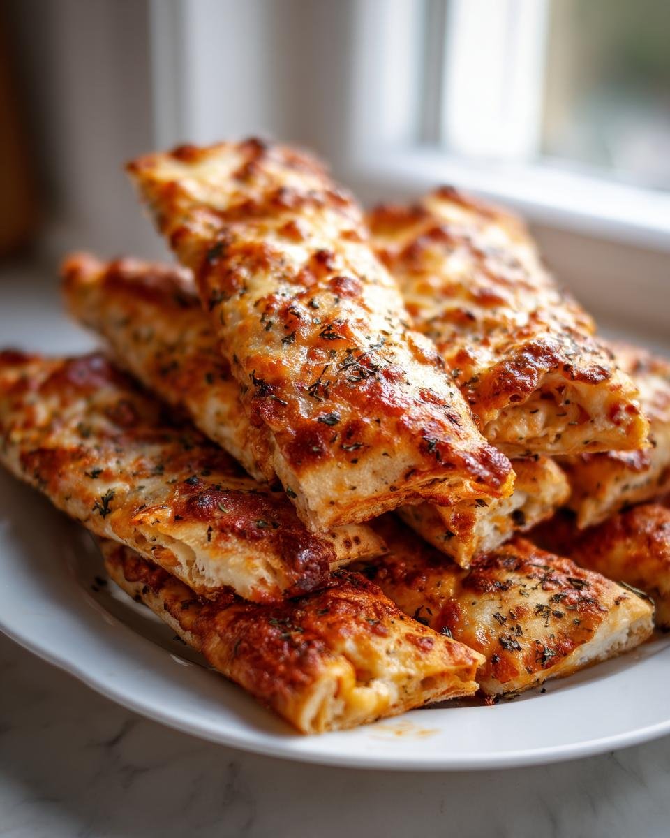 Stapel von knusprigen, goldbraun gebackenen Käsige Taco-Sticks, bestreut mit Kräutern.